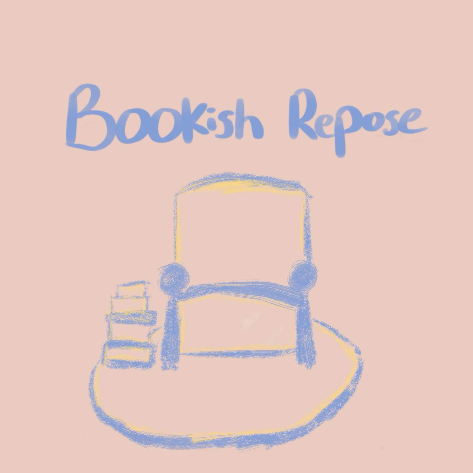 A hand drawn comfy chair with a pile of books beside it. "Bookish Repose" is above it.