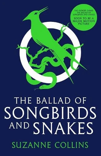 The cover of The Ballad of Songbirds and Snakes by Suzanne Collins. 

It has a cartoon bord ad snake in green with a blue background.