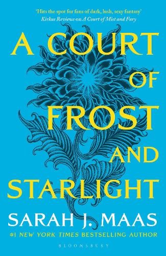The book cover for A Court of Frost and Starlight by Sarah J. Maas. It has a blue background and a drawn flower.