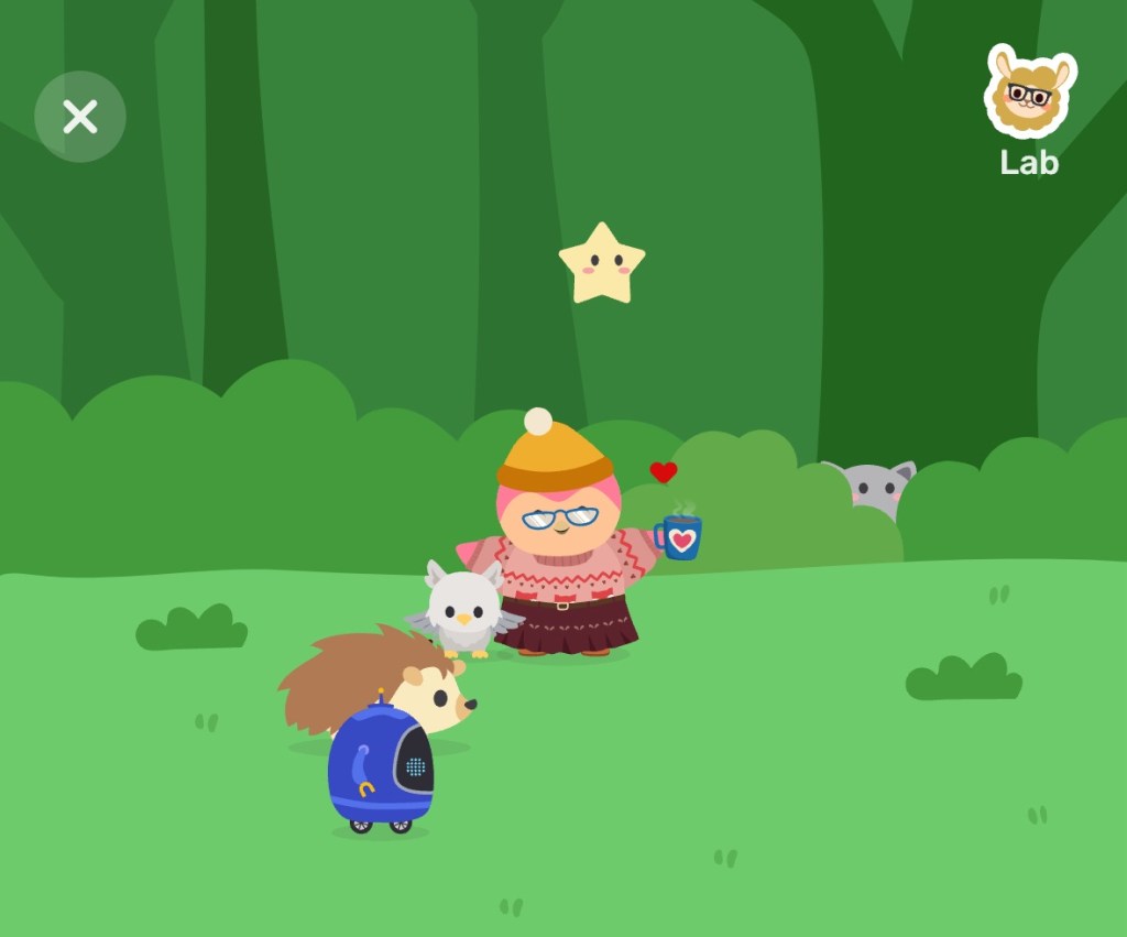 A screenshot of a cartoon bird dressed in cosy clothing with a mug in a glade. Also in the glade, are a few small creatures in a cute drawn style. There is a small robot on wheels, a hedgehog, a griffin, a star, and a mouse-like creature hiding behind some bushes.
