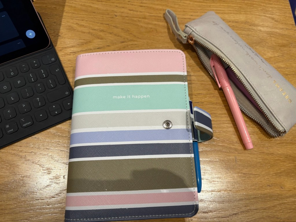 On a table, a computer keyboard is visible in the top left and an open pencil case with a highlighter falling out.

In the center is a filofax. It is about novel size and has stripes and a clip to close it with "make it happen" on the cover.